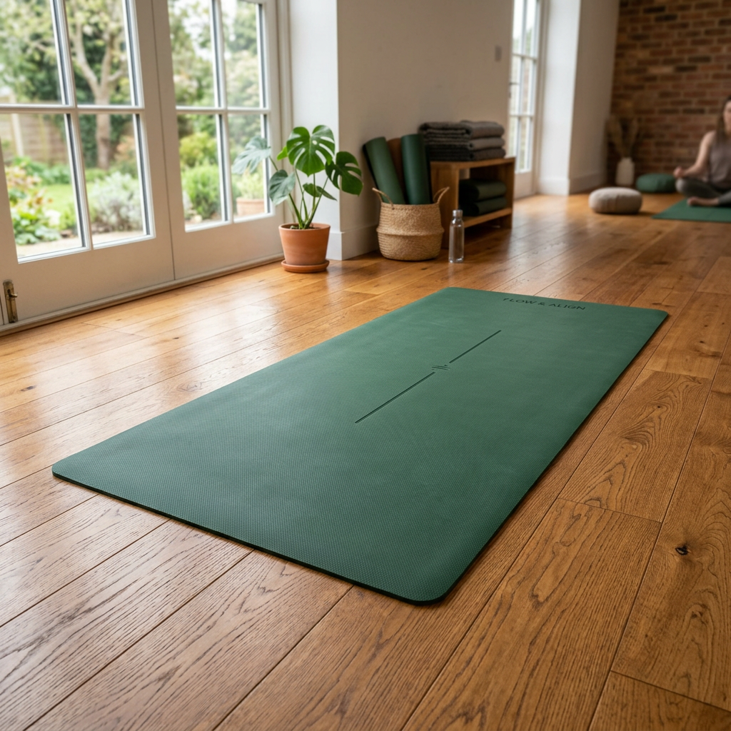 Green yoga mat on wooden floor in bright room with plants and yoga props