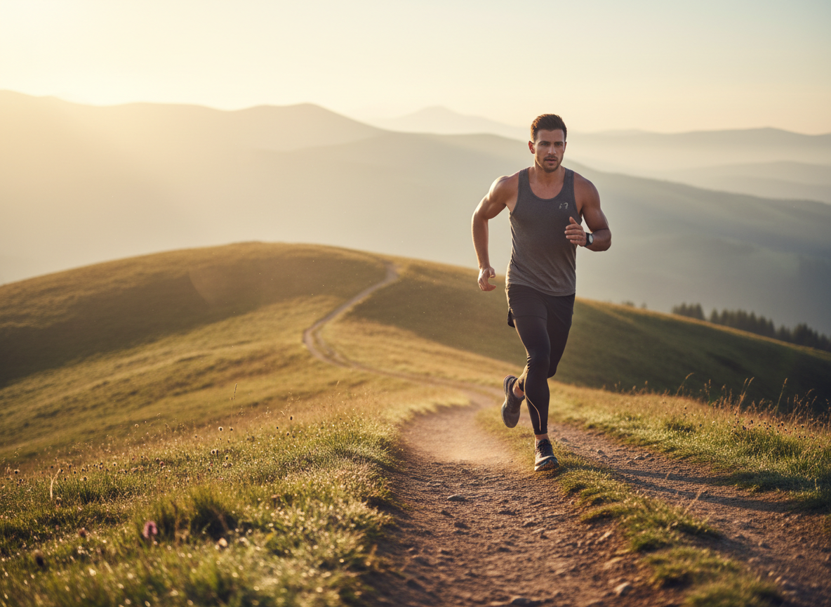 A fit person doing aerobic exercise outdoors — jogging along a scenic trail in soft morning light, motion blur on running shoes, warm golden tones, motivational fitness photography style, no text