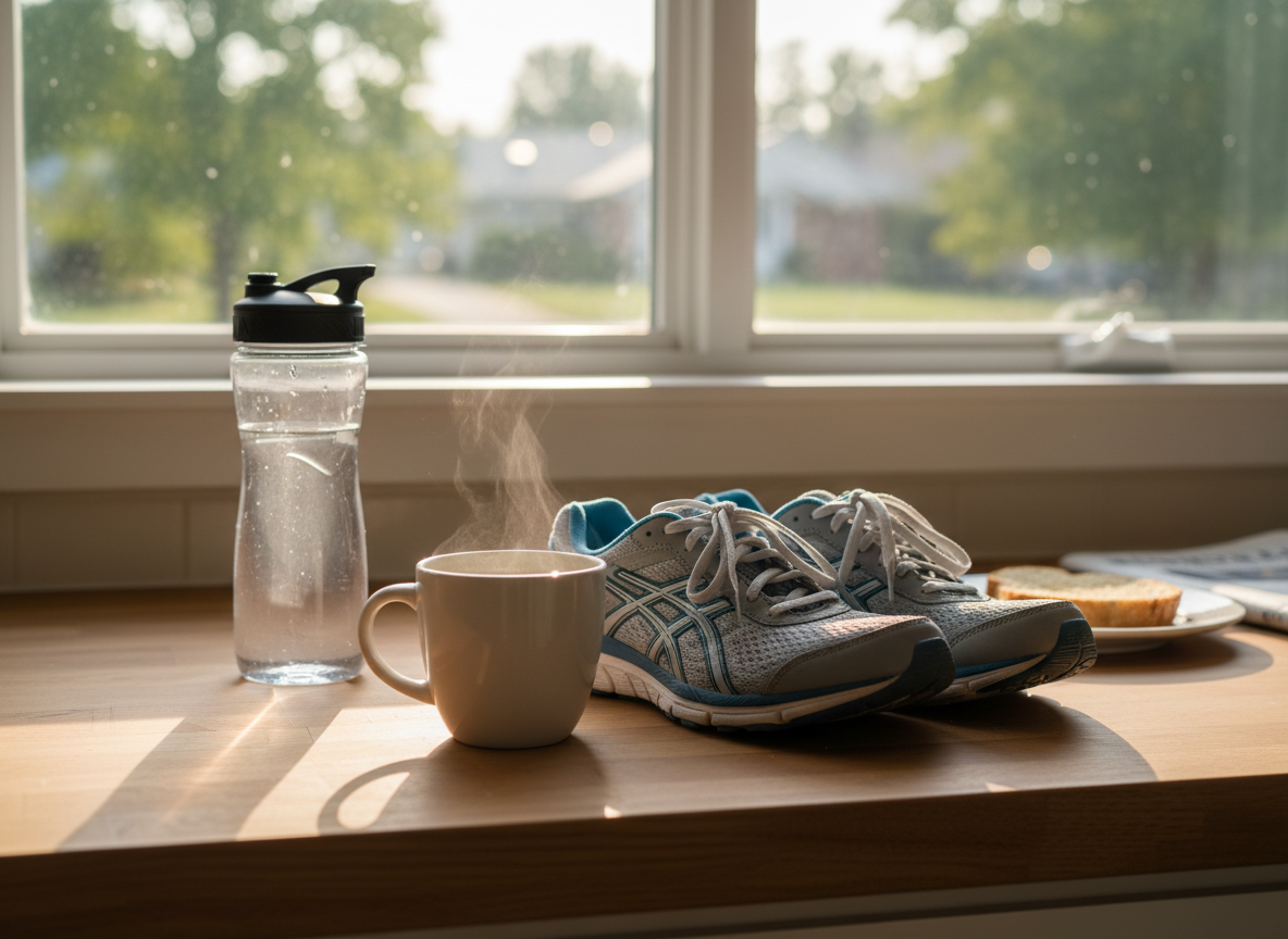 Cup of coffee next to running shoes