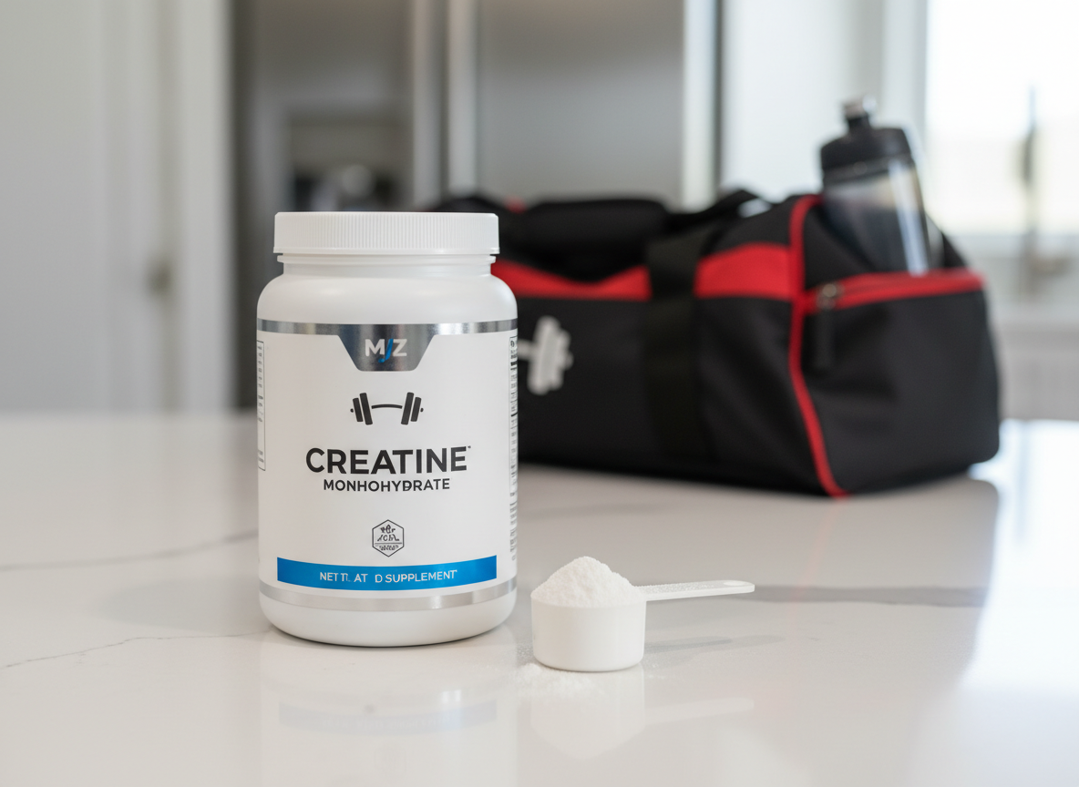 Tub of creatine monohydrate powder with scoop