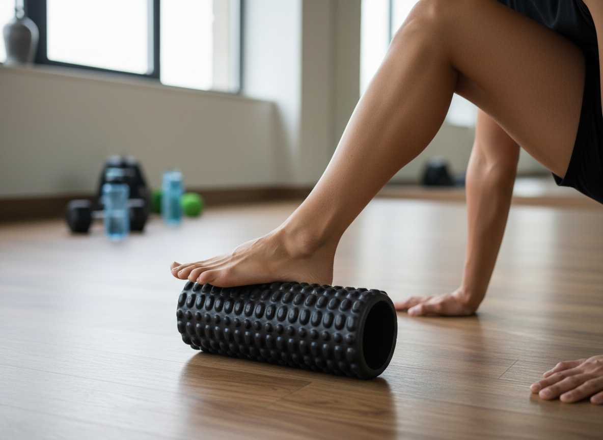 Foam roller being used on a calf muscle