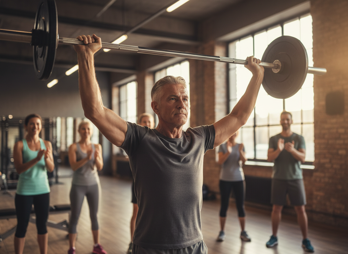 Older adult lifting a barbell in the gym