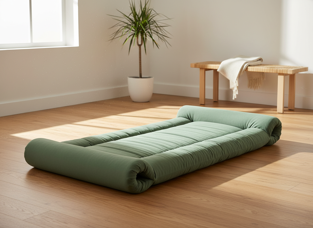 Thick cushioned yoga mat on a wood floor